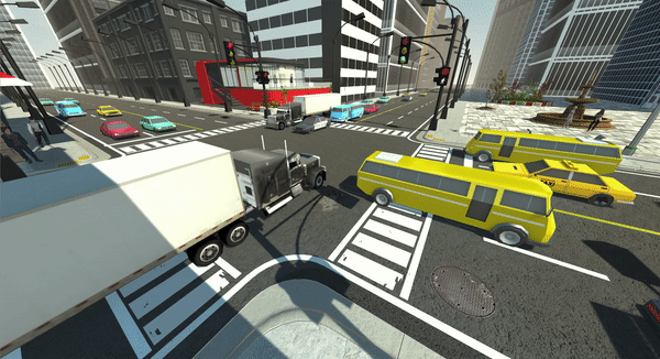 Gif of a street crossing simulation. It is a 4 way intersection with cars driving by in all directions.