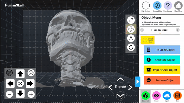 Gif of the AR Authoring tool on windows and mac computers. A 3d digital object of a Human Skull is being annotated. The annotation is first positioned on the skull using the mouse pointed and then described.